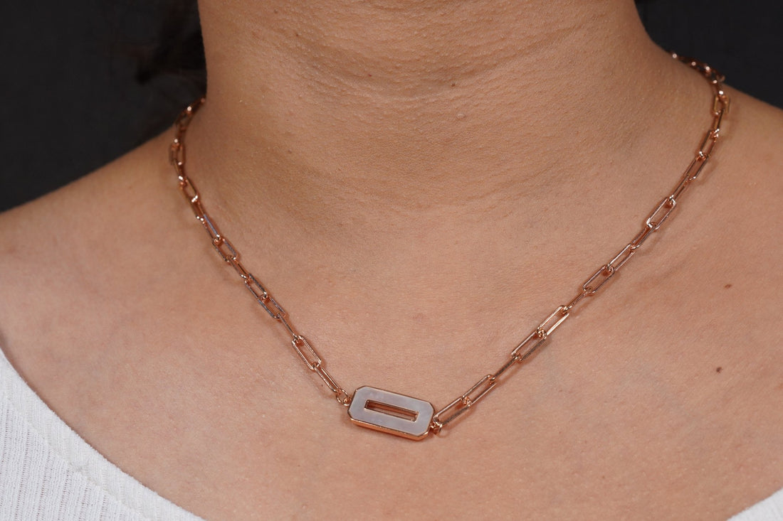 SILVERINGS 925 STERLING MOTHER OF PEARL ROSE GOLD LINK CHAIN - Silverings