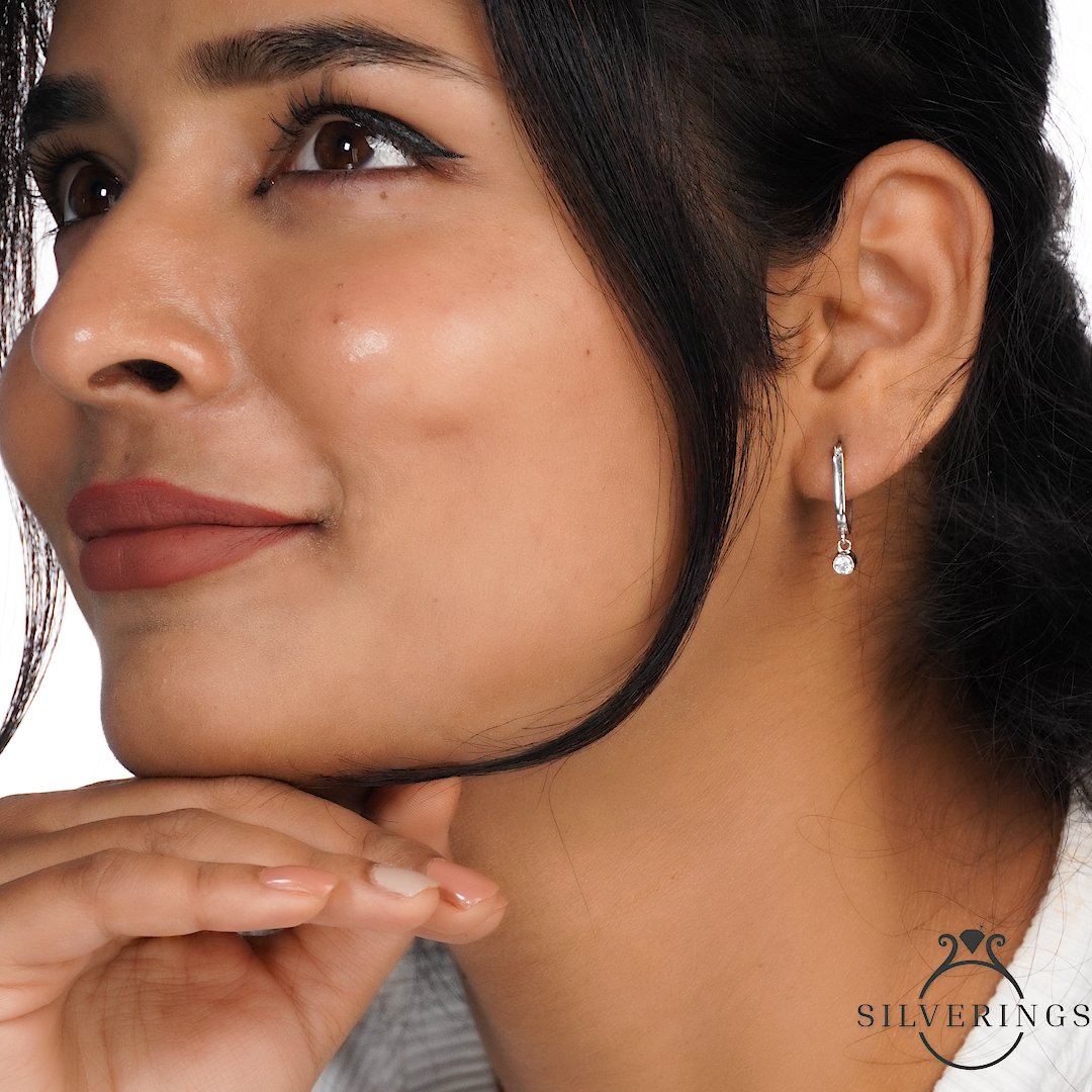 Solitaire Drop Hoop Gold Earrings - Silverings