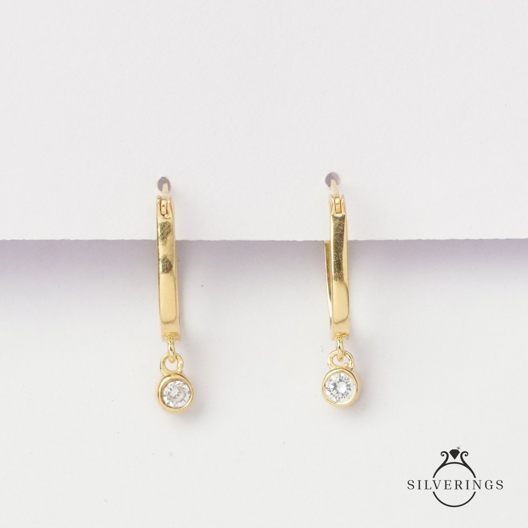 Solitaire Drop Hoop Gold Earrings - Silverings